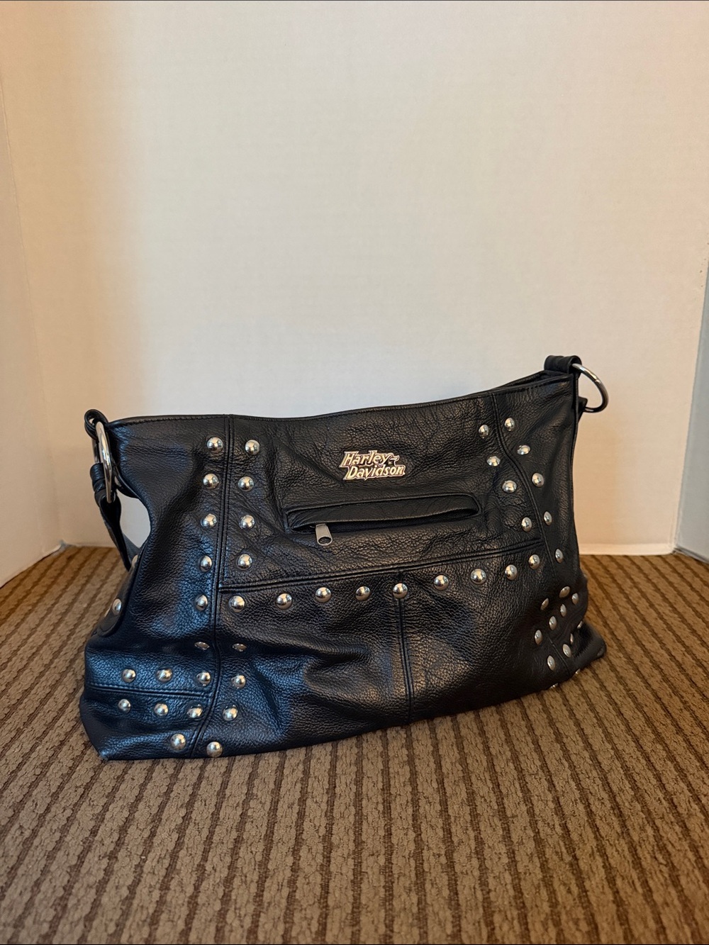 Harley-Davidson Black Leather Studded Shoulder Bag with Silver Hardware